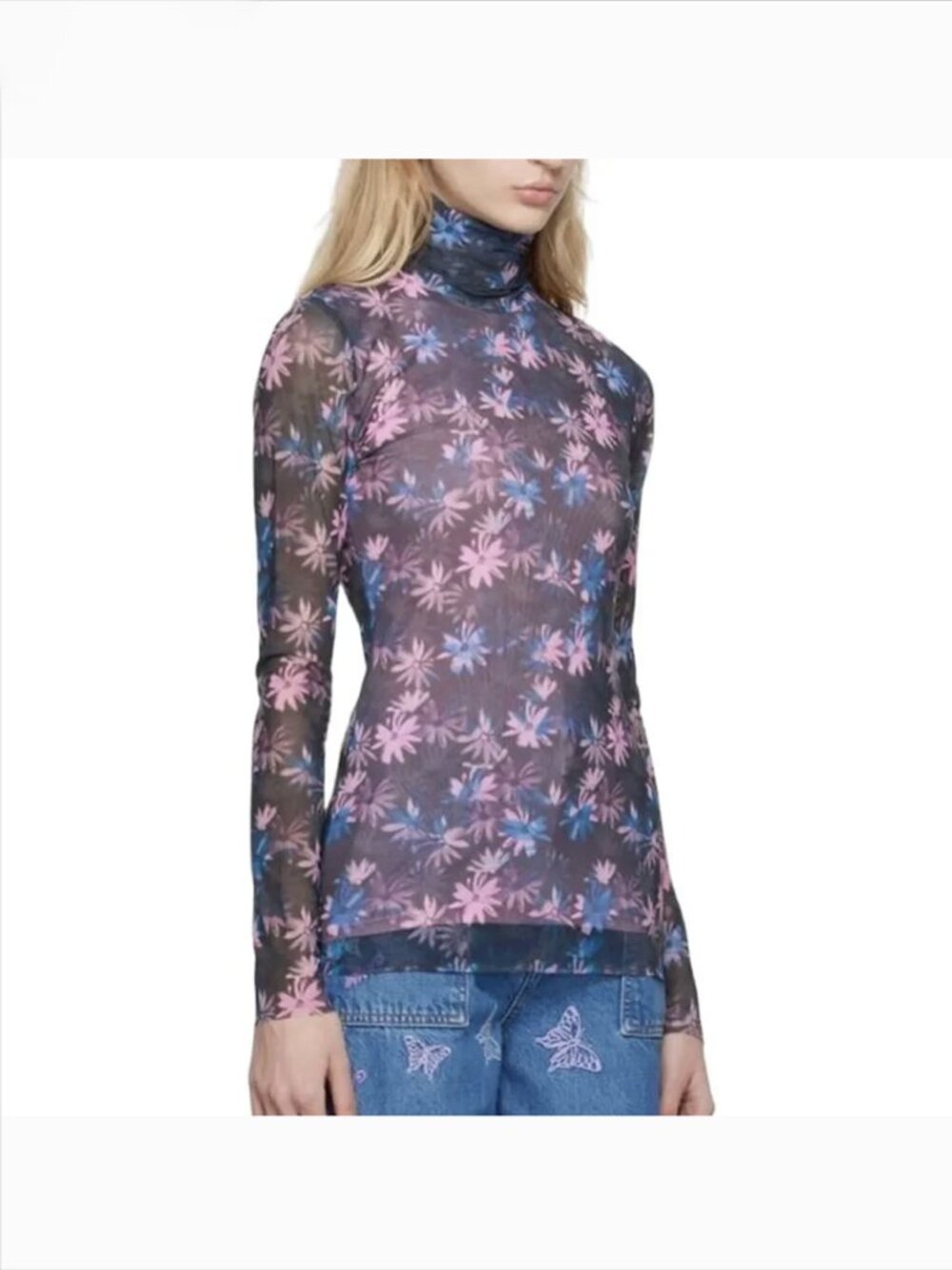 GANNI Womens Printed Floral Mesh Turtleneck Size 36 US 4 Long Sleeve Stretch